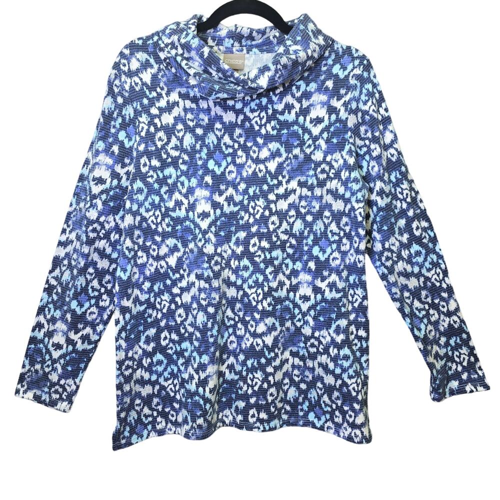 Chico's Top Womens Medium Blue Leopard Animal Print Long Sleeve Cowl Neck Fleece